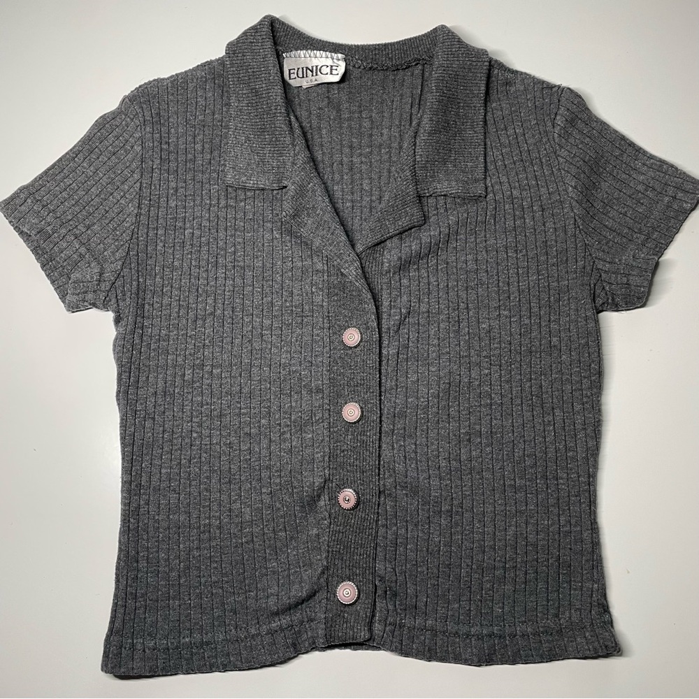 Eunice Gray Ribbed Button-Up polo